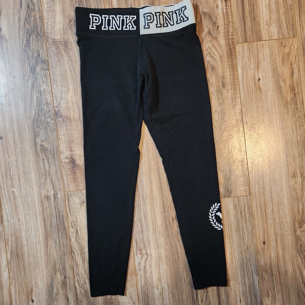 PINK Victoria's Secret Logo Yoga Pants Medium Black White Athletic